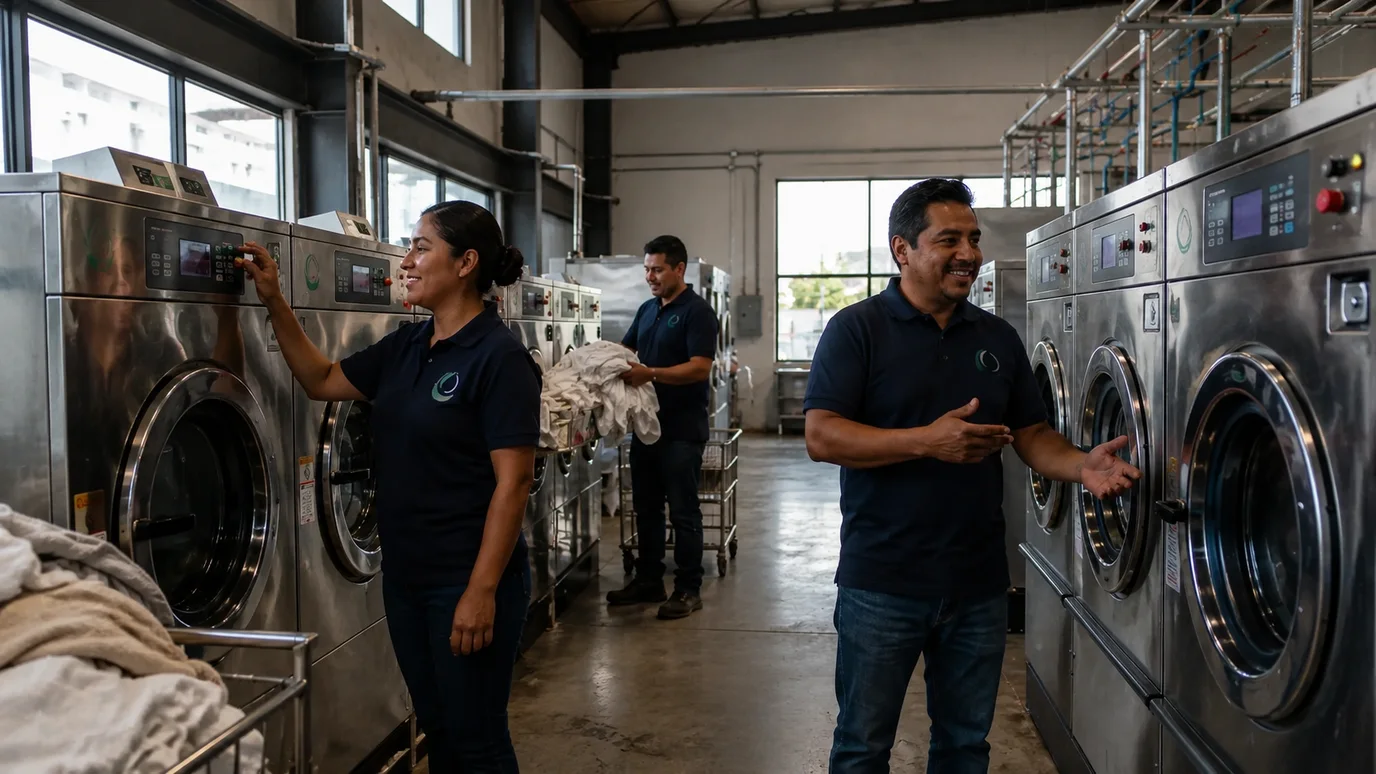 Equipo de Omniclyn trabajando en la planta de lavandería industrial